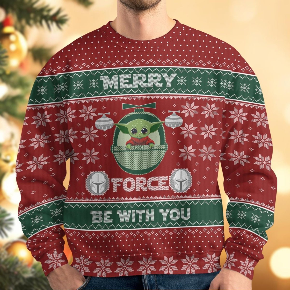 Merry Force Be With You Red Ugly Christmas Sweater Cute Baby Yoda Holiday Knit Jumper