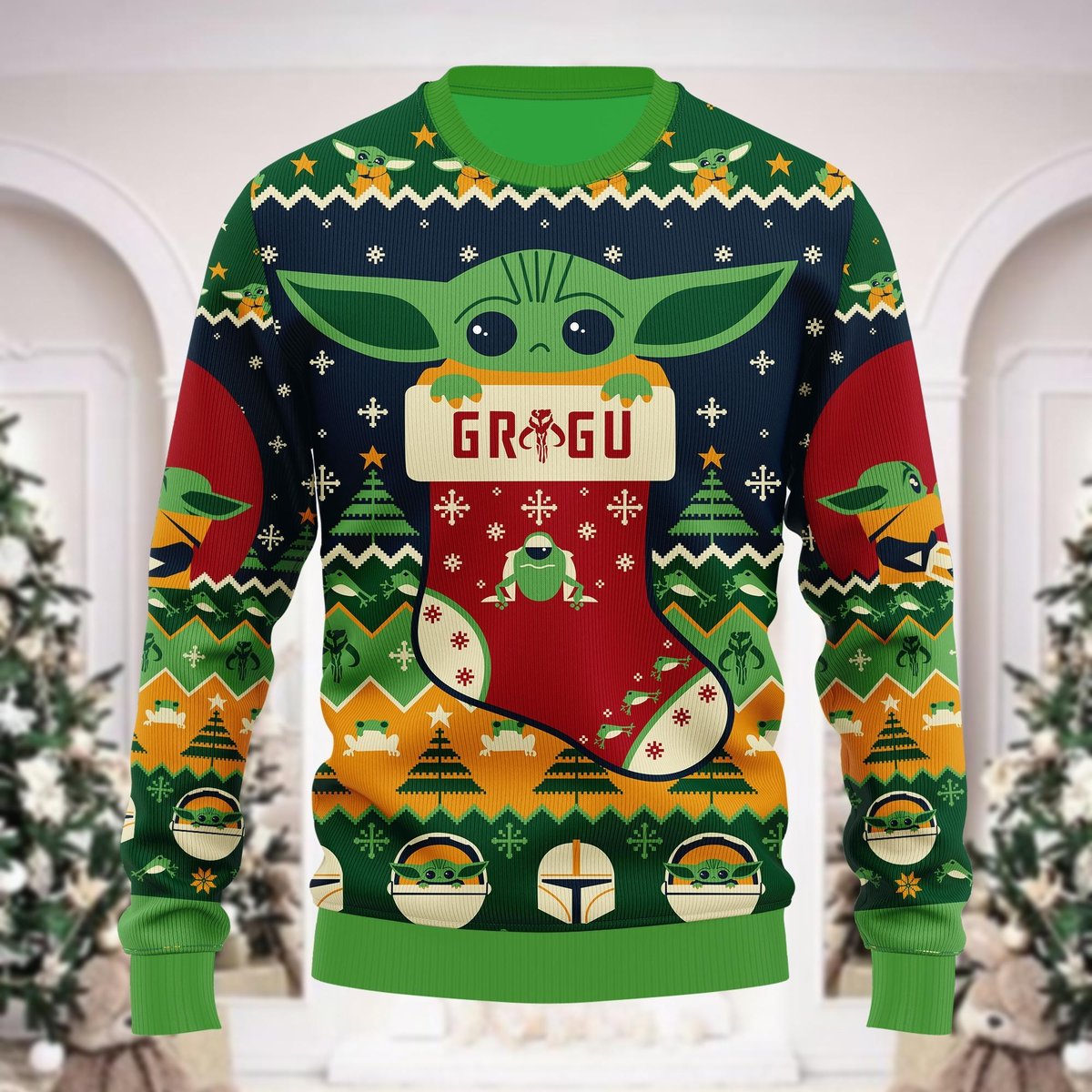 Baby Yoda Red Green Christmas Ugly Sweater Grogu Stocking Tree Star Wars Knit Jumper