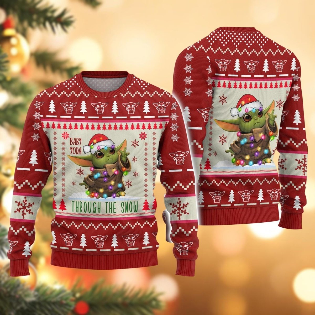 Baby Yoda Through the Snow Red Ugly Christmas Sweater Funny Star Galactic Holiday Knit Jumper