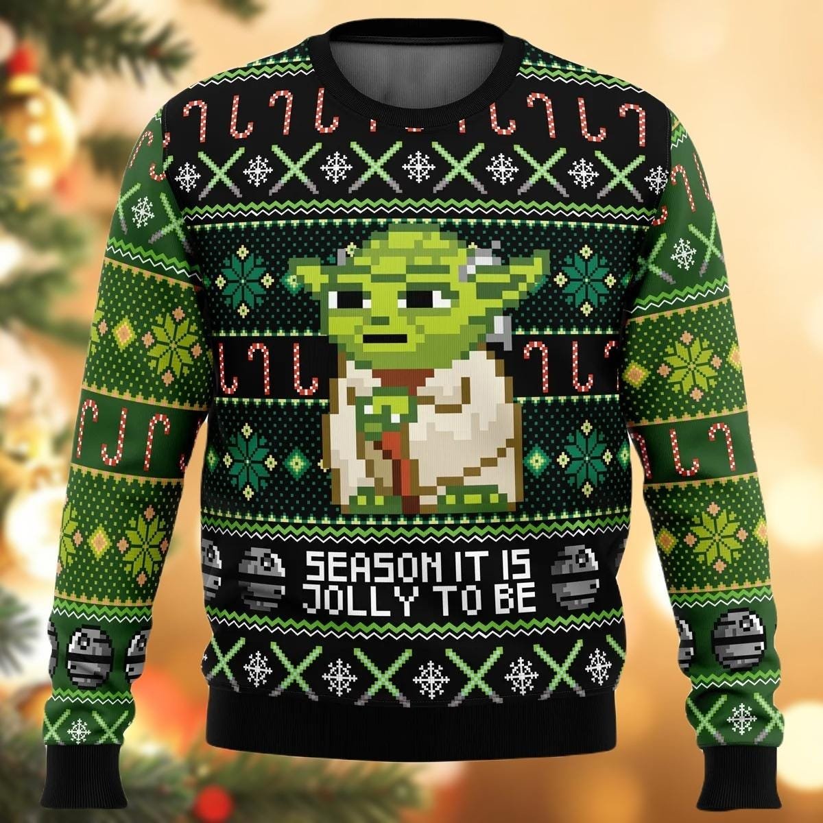 Pixel Yoda Green Ugly Christmas Sweater Funny Retro Galactic Holiday Knit Jumper