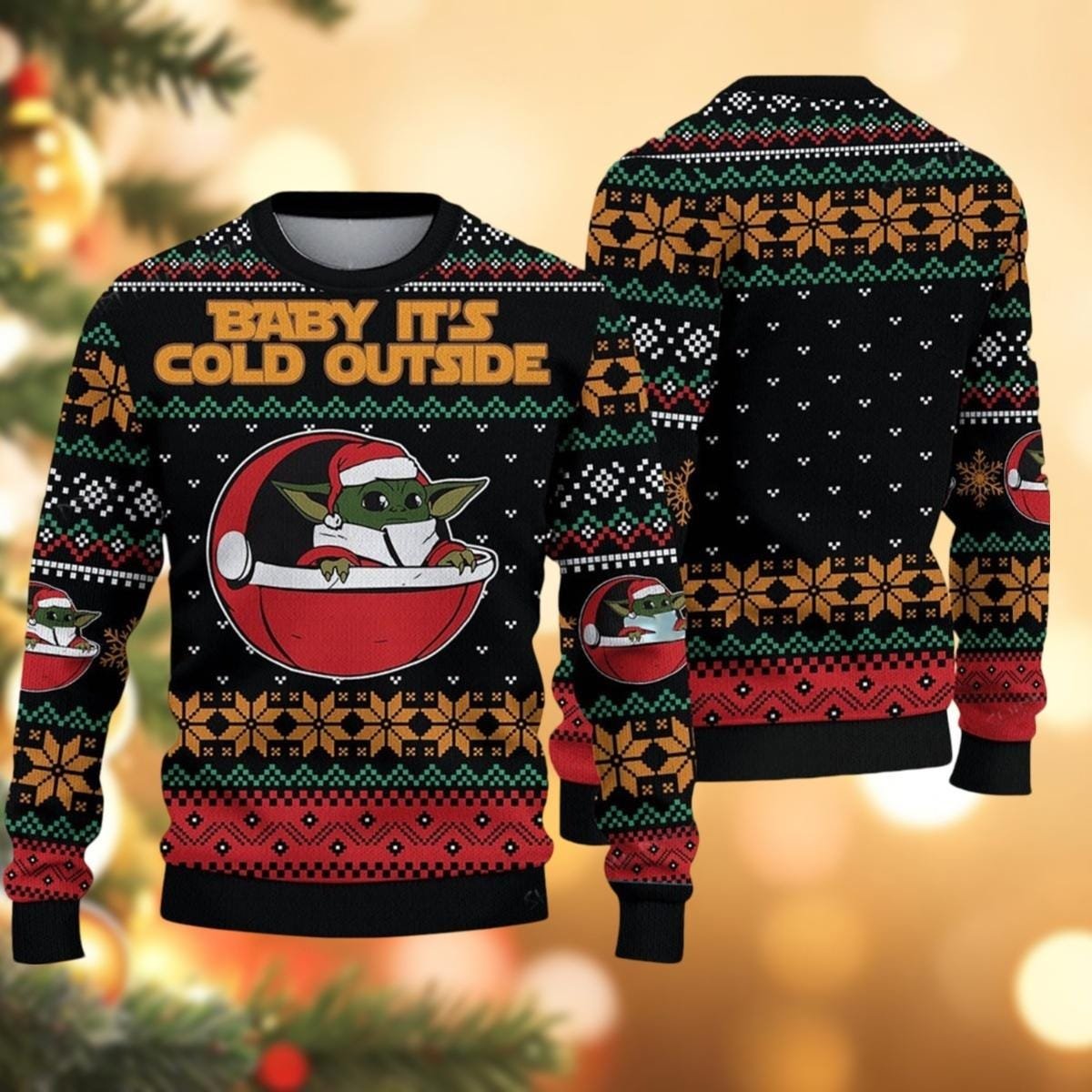 Baby It’s Cold Outside Black Ugly Christmas Sweater Funny Baby Yoda Holiday Knit Jumper