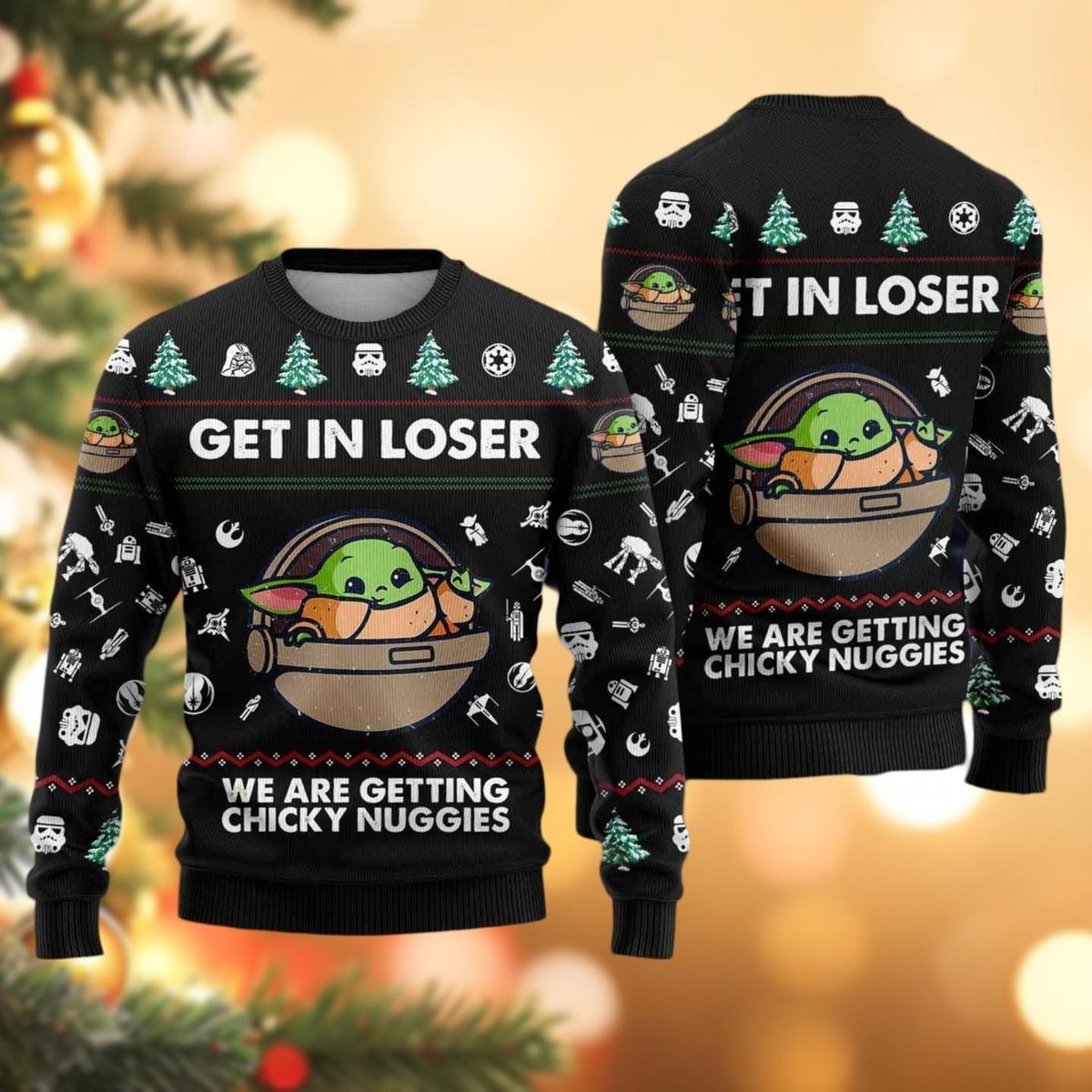 Get In Loser Black Ugly Christmas Sweater Funny Baby Yoda Chicky Nuggies Holiday Knit Jumper