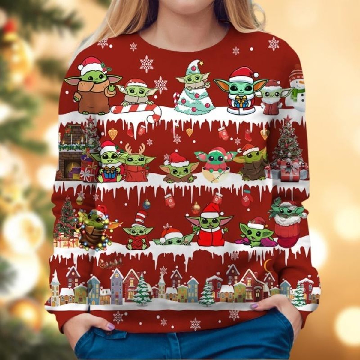 Red Christmas Town Baby Yoda Ugly Christmas Sweater Cute Holiday Pattern Knit Jumper