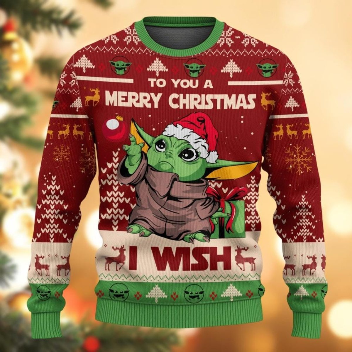 Merry Christmas I Wish Baby Yoda Red Ugly Christmas Sweater Funny Holiday Knit Jumper