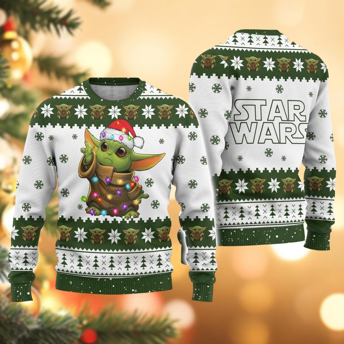 Star Wars Baby Yoda White and Green Ugly Christmas Sweater Cute Holiday Knit Jumper