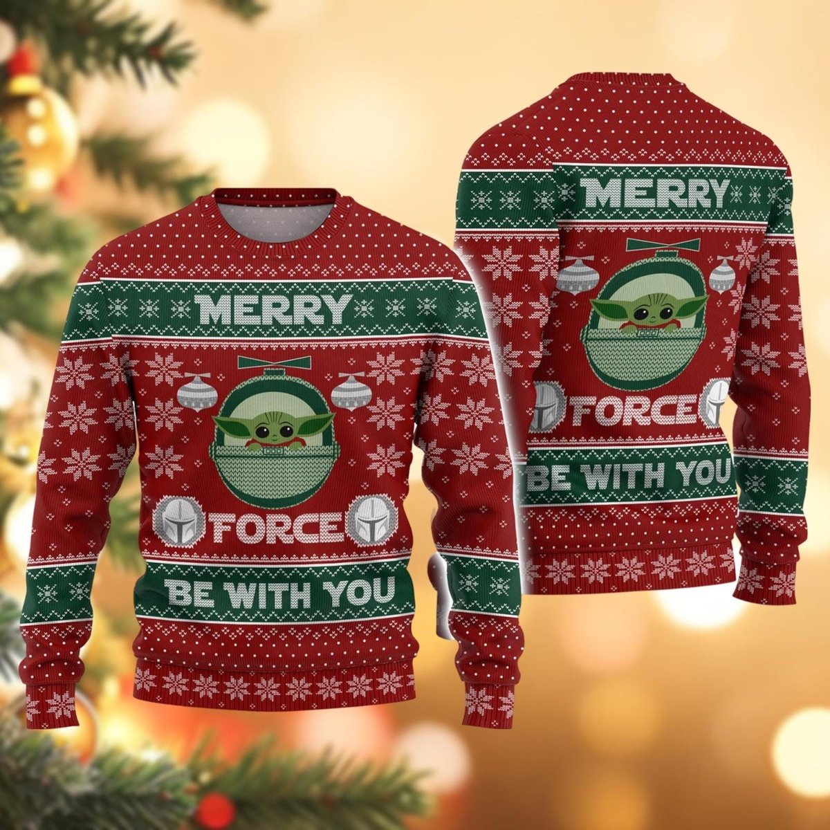 Merry Force Be With You Red Ugly Christmas Sweater Baby Yoda Holiday Knit Jumper