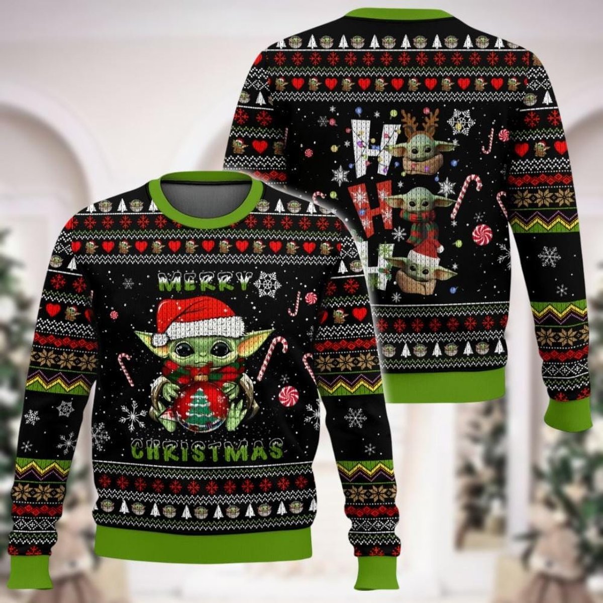 Baby Yoda Black Christmas Ugly Sweater Merry Christmas Candy Cane Holiday Knit Jumper