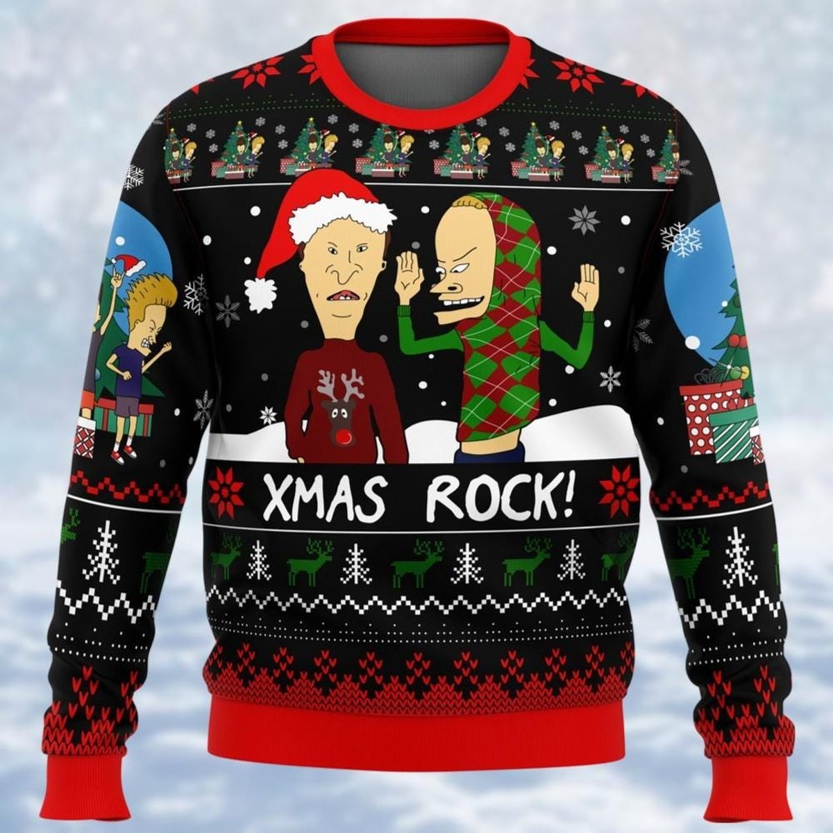 Beavis And Butthead Red Christmas Ugly Sweater Funny 90s Cartoon Holiday Knit Jumper