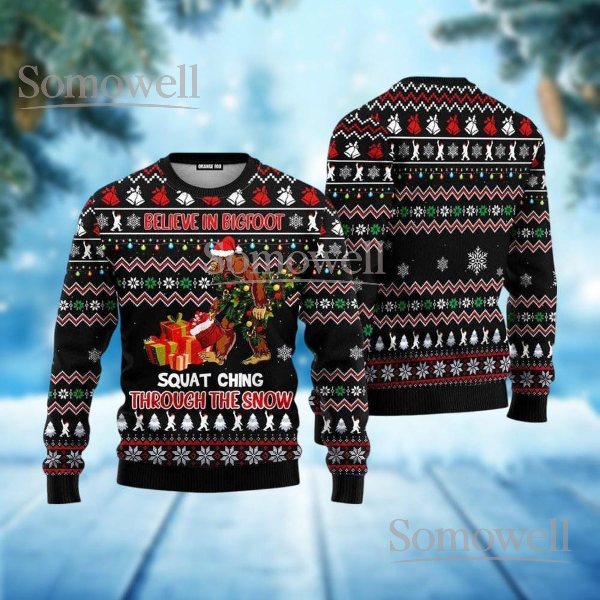 Bigfoot Believe In Bigfoot Black Christmas Ugly Sweater Squatch Through The Snow Holiday Knit Jumper