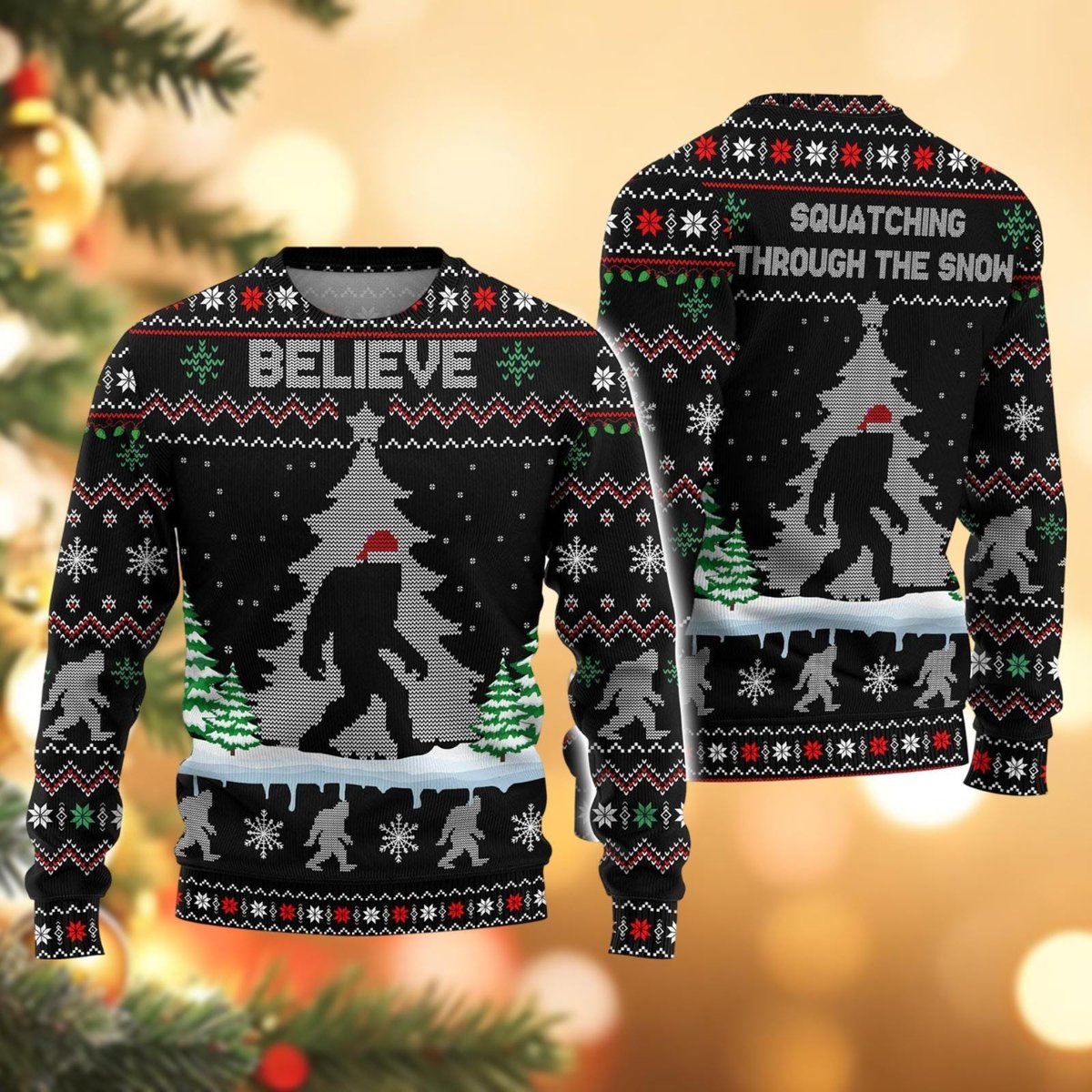 Bigfoot Believe Black Ugly Christmas Sweater Funny Sasquatch Through The Snow Holiday Knit Jumper