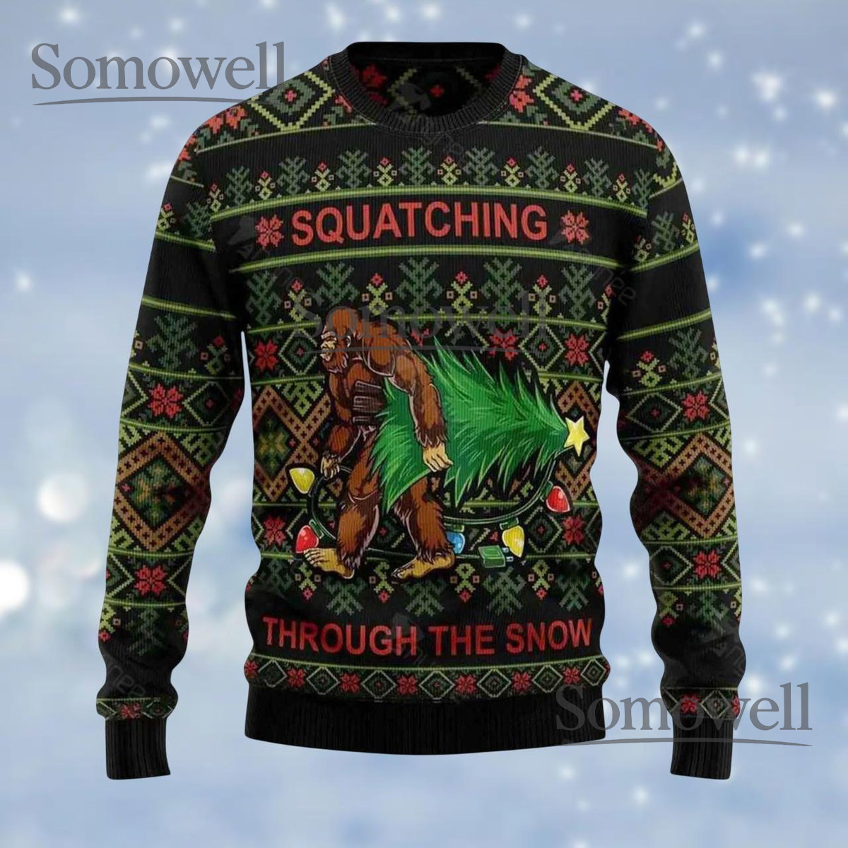 Bigfoot Squatching Through The Snow Green Red Ugly Christmas Sweater Funny Holiday Knit Gift