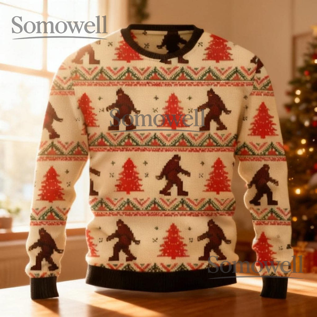 Bigfoot Sasquatch Cream Ugly Christmas Sweater Red Tree Forest Holiday Knit Jumper