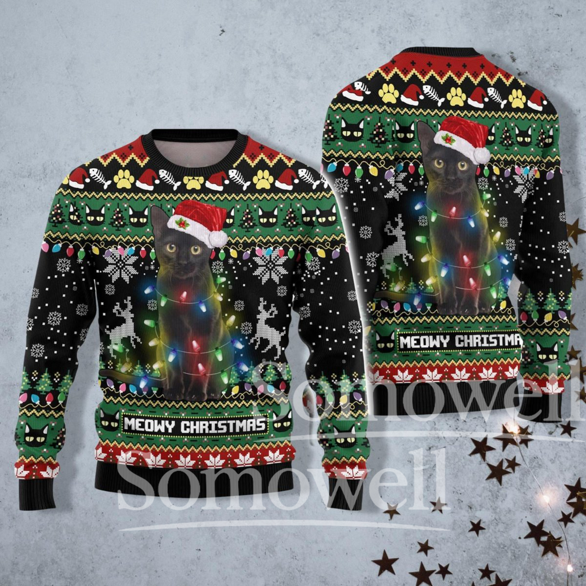 Black Cat Meowy Christmas Ugly Sweater Funny Cat Lover Holiday Knit Pullover Gift