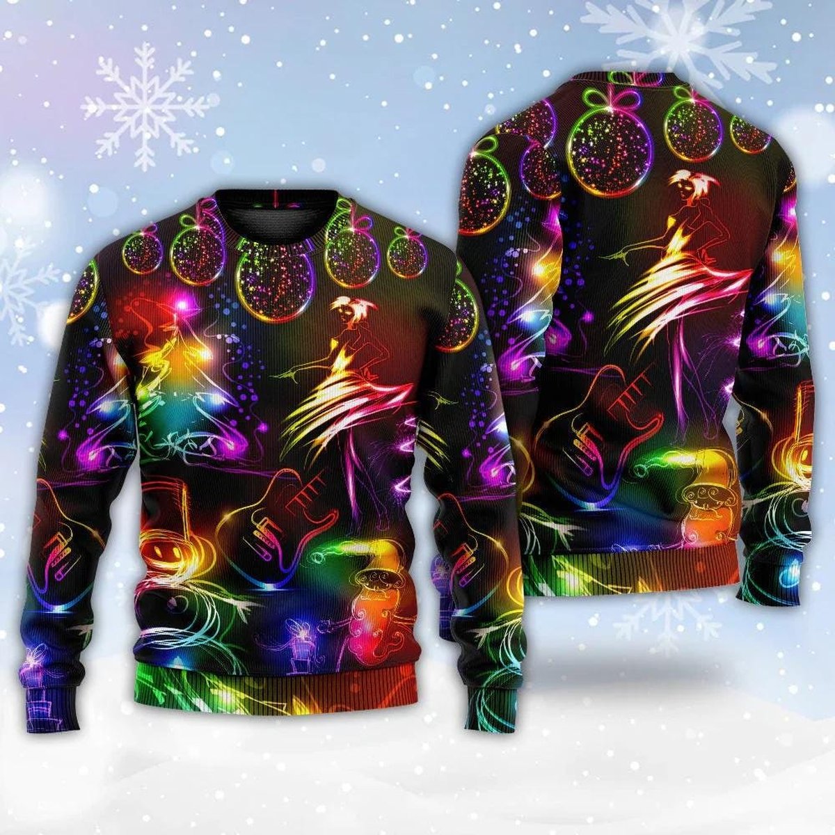 Neon Lights Christmas Black Ugly Sweater Colorful Festival Holiday Glow Knit Jumper