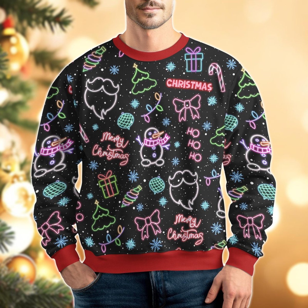 Christmas Bright Neon Lighting Black Ugly Christmas Sweater Colorful Lights Holiday Knit Jumper