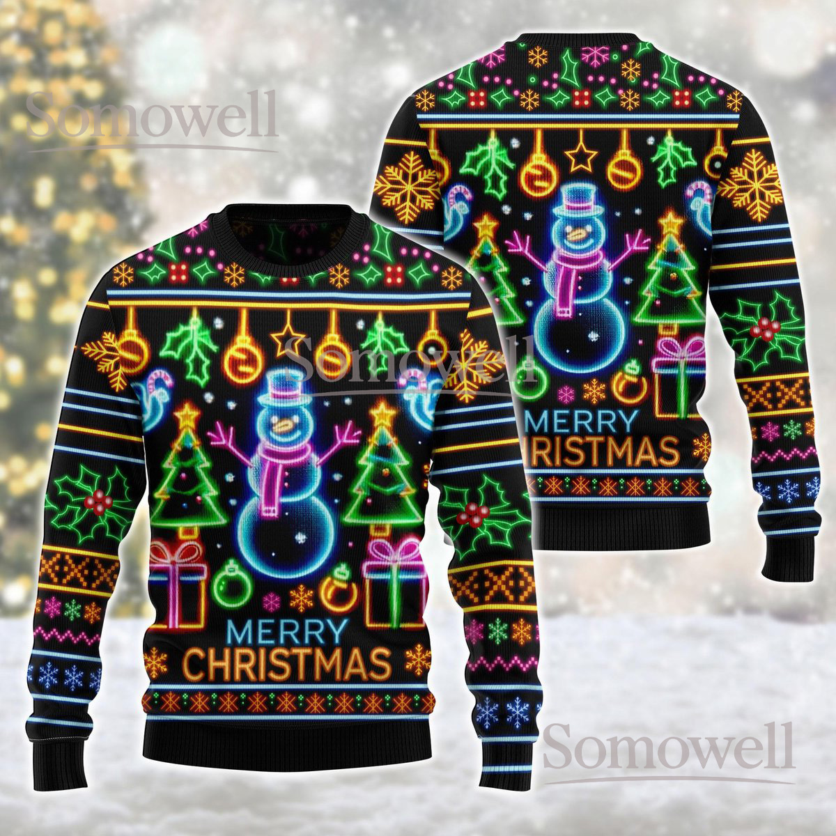 Neon Lights Christmas Black Ugly Sweater Merry Christmas LED Style Holiday Knit Jumper