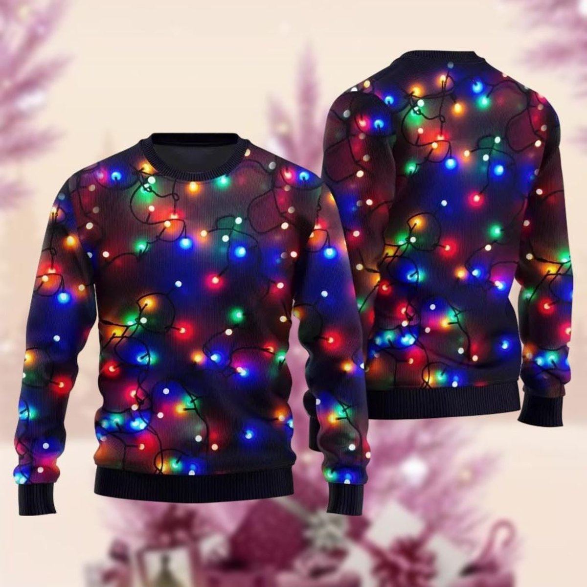 Colorful Lights Christmas Black Ugly Sweater Festive Holiday Glow Knit Jumper