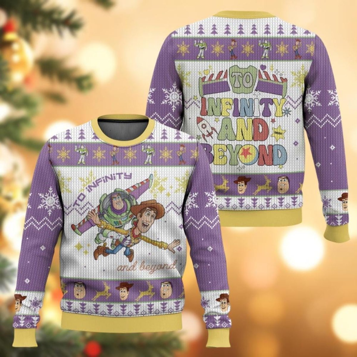 To Infinity and Beyond Purple Ugly Christmas Sweater Funny Toy Story Buzz and Woody Holiday Knit Jumper