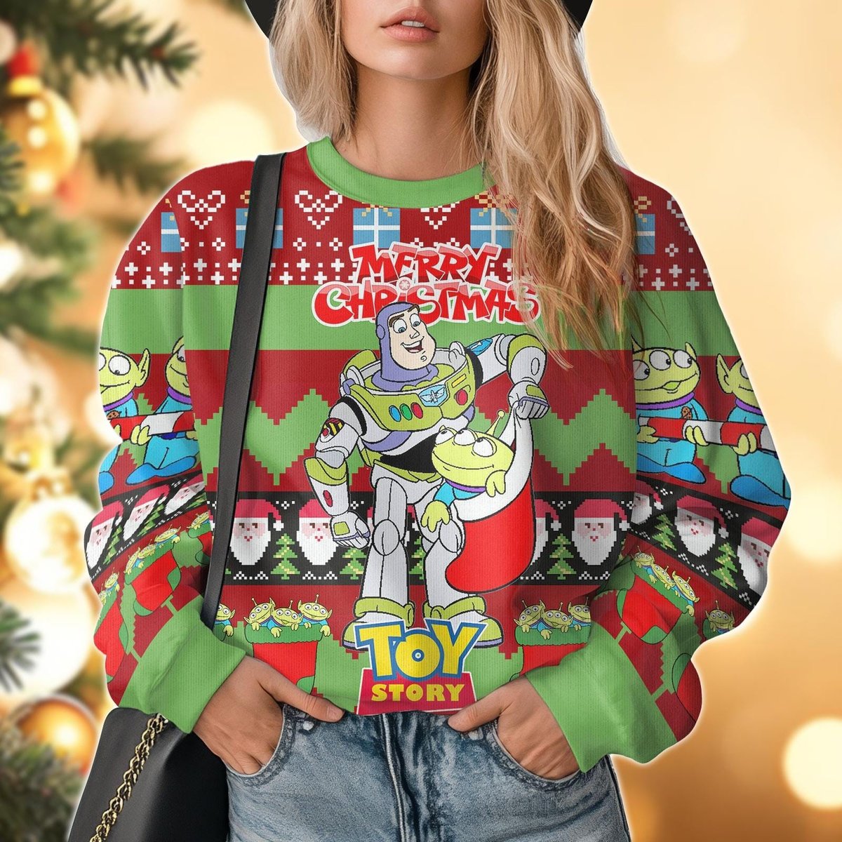 Toy Story Merry Christmas Red Ugly Christmas Sweater Funny Buzz Lightyear Alien Holiday Knit Jumper