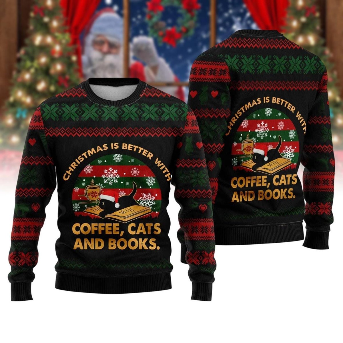 Christmas Cat Reading Book Ugly Sweater Coffee Cats Books Lovers Holiday Gift