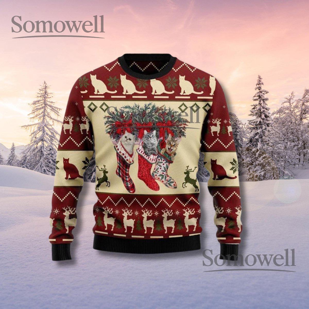 Christmas Cat Sweater Funny Holiday Pullover with Kittens and Reindeer