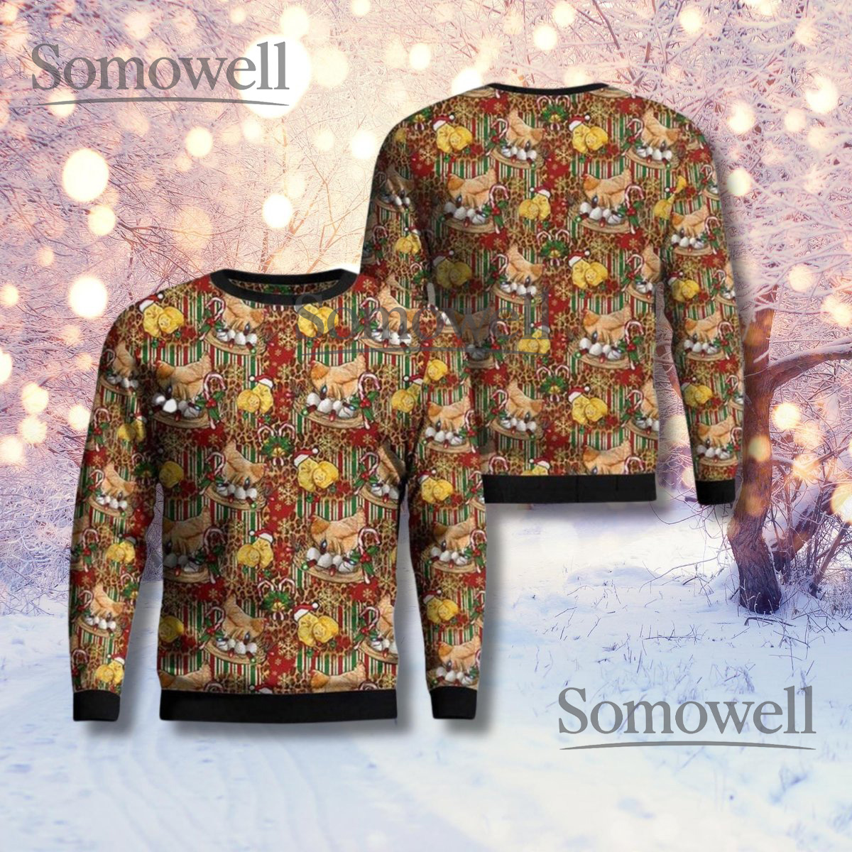 Christmas Cat Sweater Ugly Festive Kitten Print Holiday Party Outfit