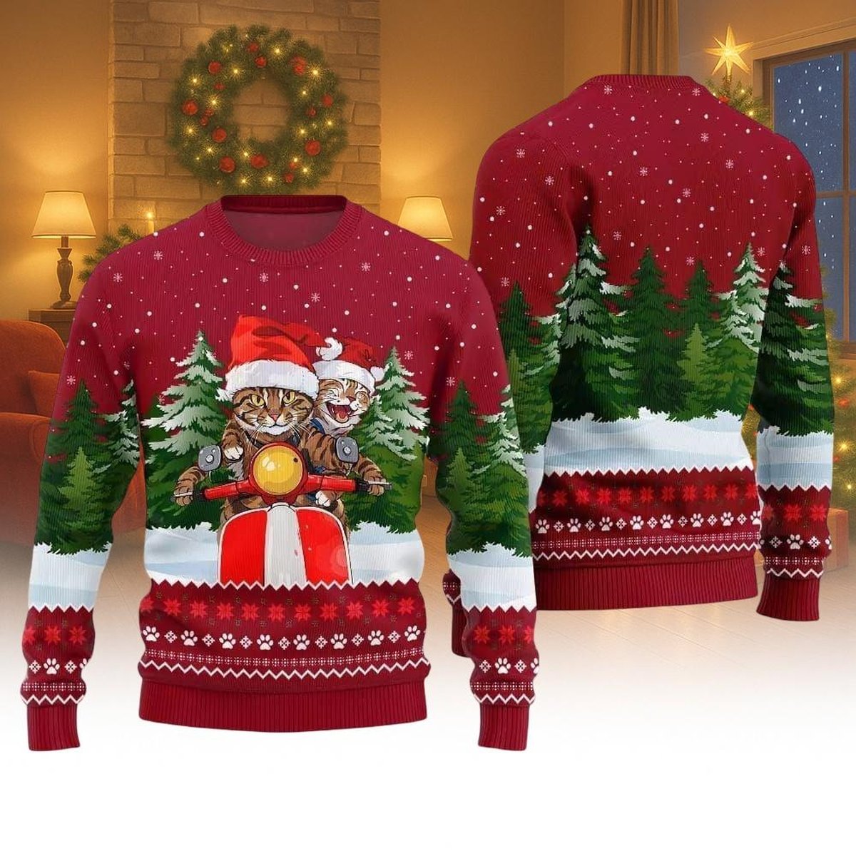 Christmas Cats Riding Scooter Ugly Sweater Funny Holiday Knit Jumper Red Design