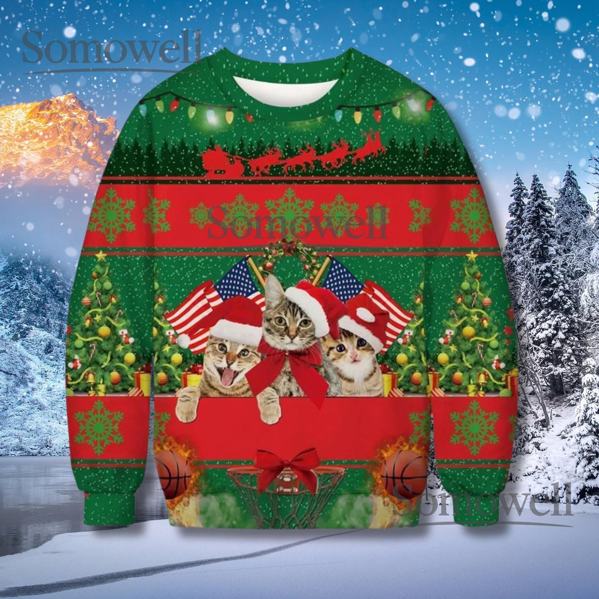 Christmas Cats Ugly Sweater with USA Flags Santa Kittens Trees Unisex Holiday Pullover