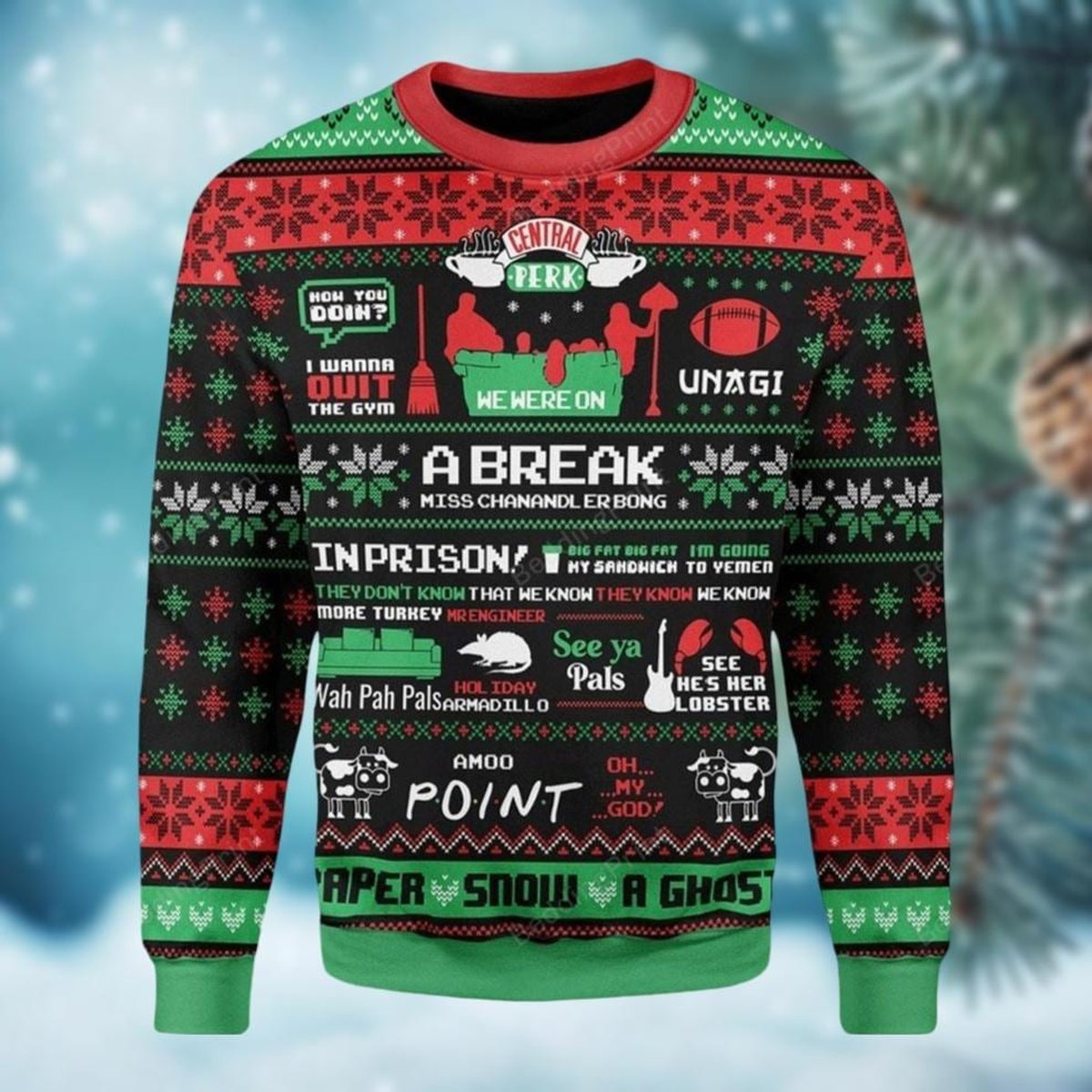 Friends Central Perk Ugly Christmas Sweater TV Show Quotes Holiday Knit Jumper
