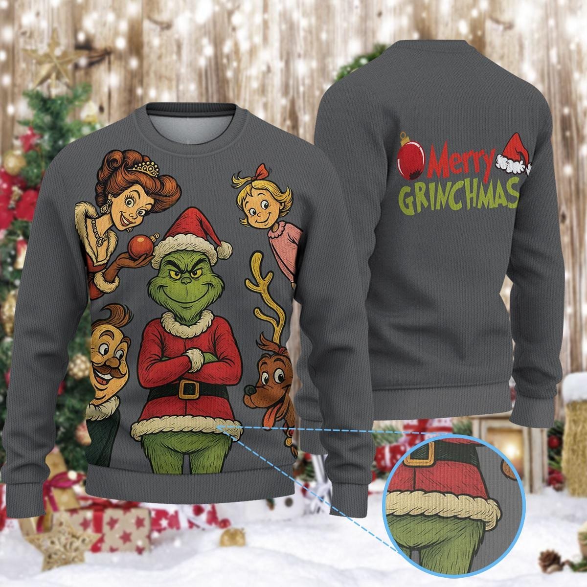 The Grinch Gray Christmas Ugly Sweater Merry Grinchmas Funny Holiday Knit Jumper