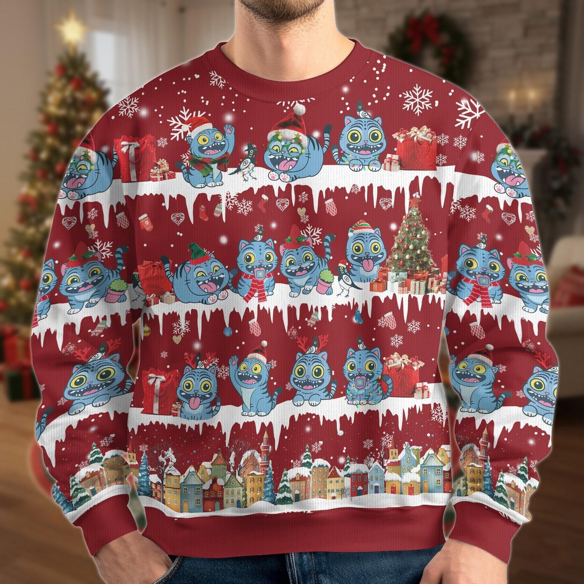 Chibi Derp Tiger Christmas Ugly Sweater Red Cute Cartoon Cat Holiday Knit Jumper