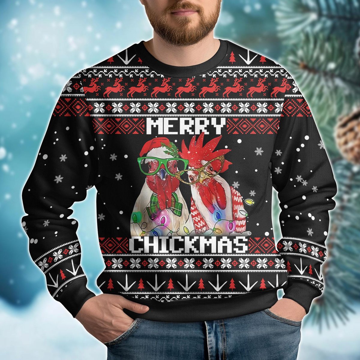 Merry Chickmas Chicken Ugly Christmas Sweater Funny Rooster Holiday Knit Jumper