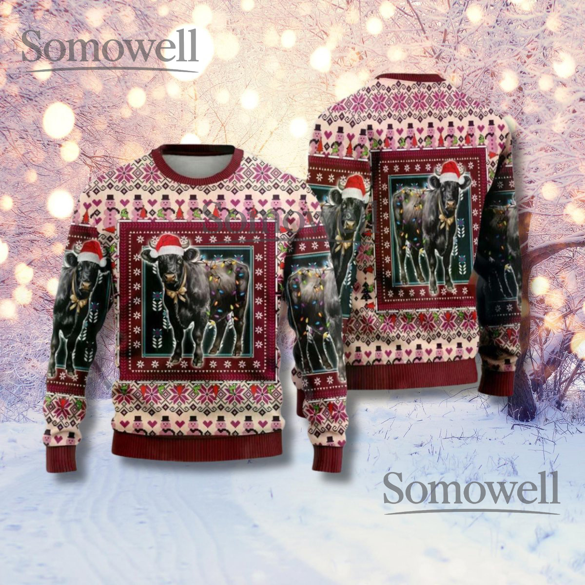 Christmas Cow Lights Ugly Sweater Funny Farm Animal Holiday Pullover