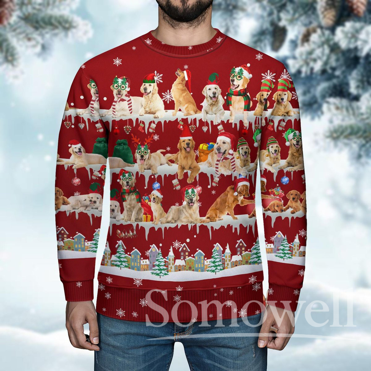 Golden Retriever Christmas Ugly Sweater Cute Dog Holiday Knit Pullover for Dog Lovers