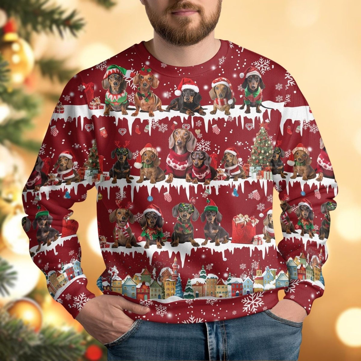 Dachshund Dogs Red Ugly Christmas Sweater Cute Pet Lovers Holiday Knit Jumper