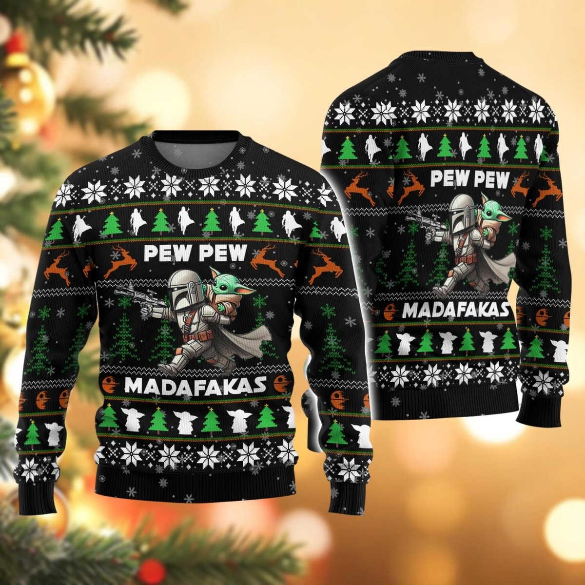 Pew Pew Madafakas Black Ugly Christmas Sweater Funny Mandalorian and Baby Yoda Holiday Knit Jumper