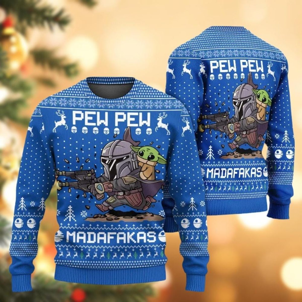 Pew Pew Madafakas Blue Ugly Christmas Sweater Funny Mandalorian and Baby Yoda Holiday Knit Jumper
