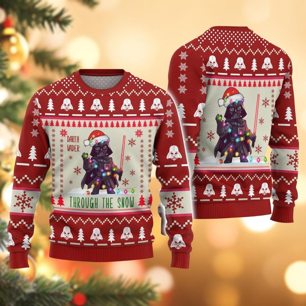 Darth Vader Through The Snow Red Ugly Christmas Sweater Funny Star Wars Holiday Knit Jumper