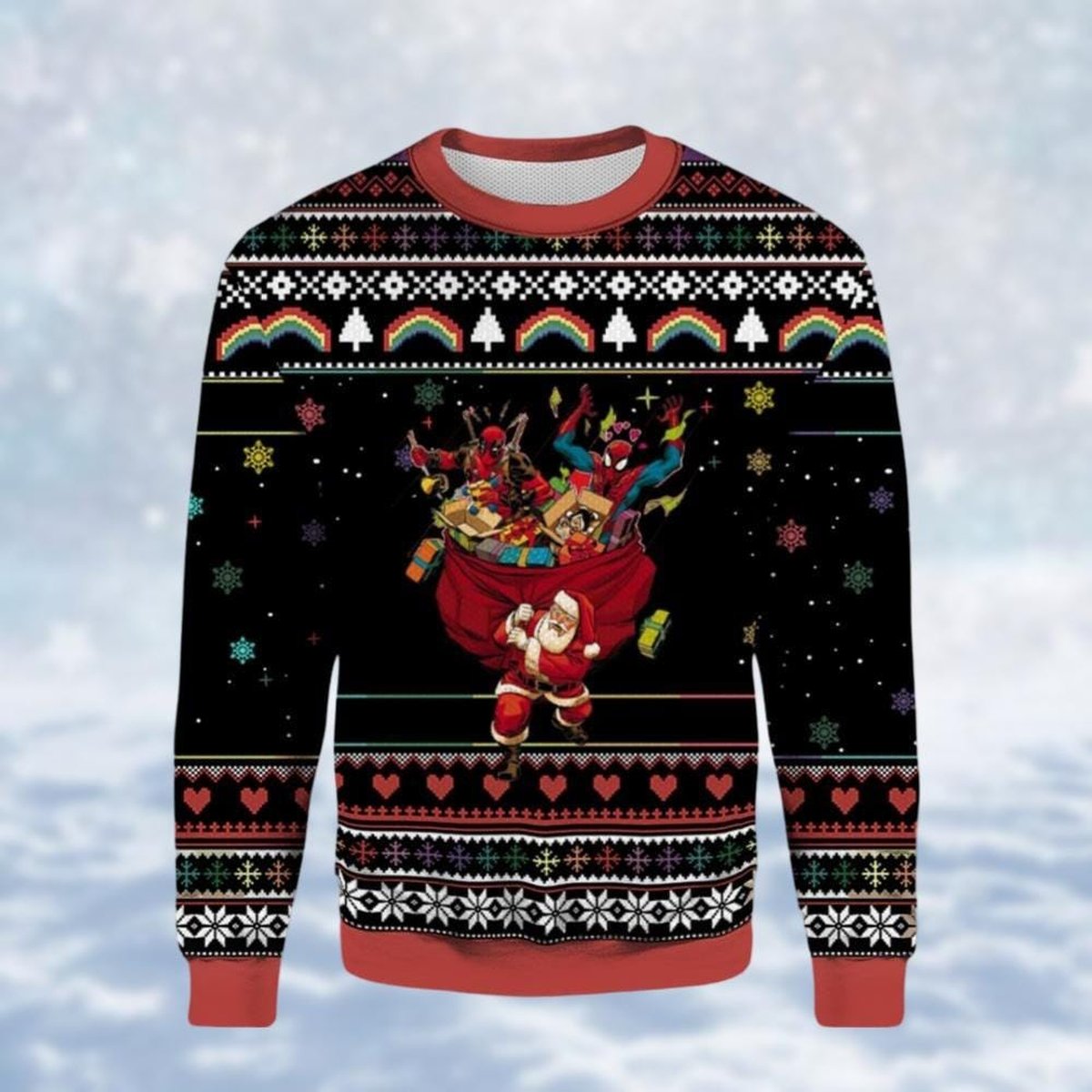 Deadpool And Spiderman Christmas Ugly Sweater Marvel Heroes Black Funny Holiday Knit Jumper