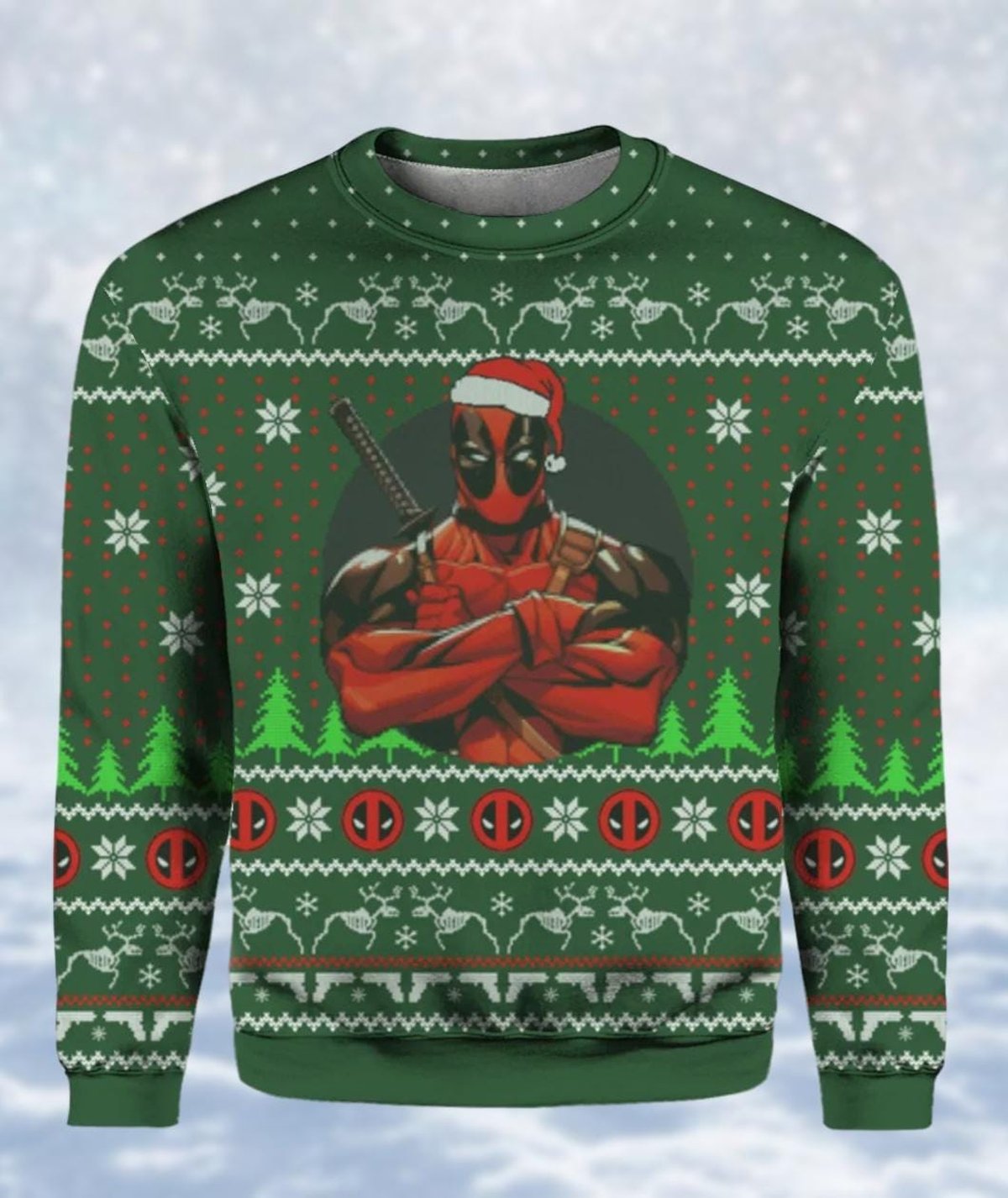 Deadpool Christmas Ugly Sweater Green Funny Marvel Hero Holiday Knit Jumper