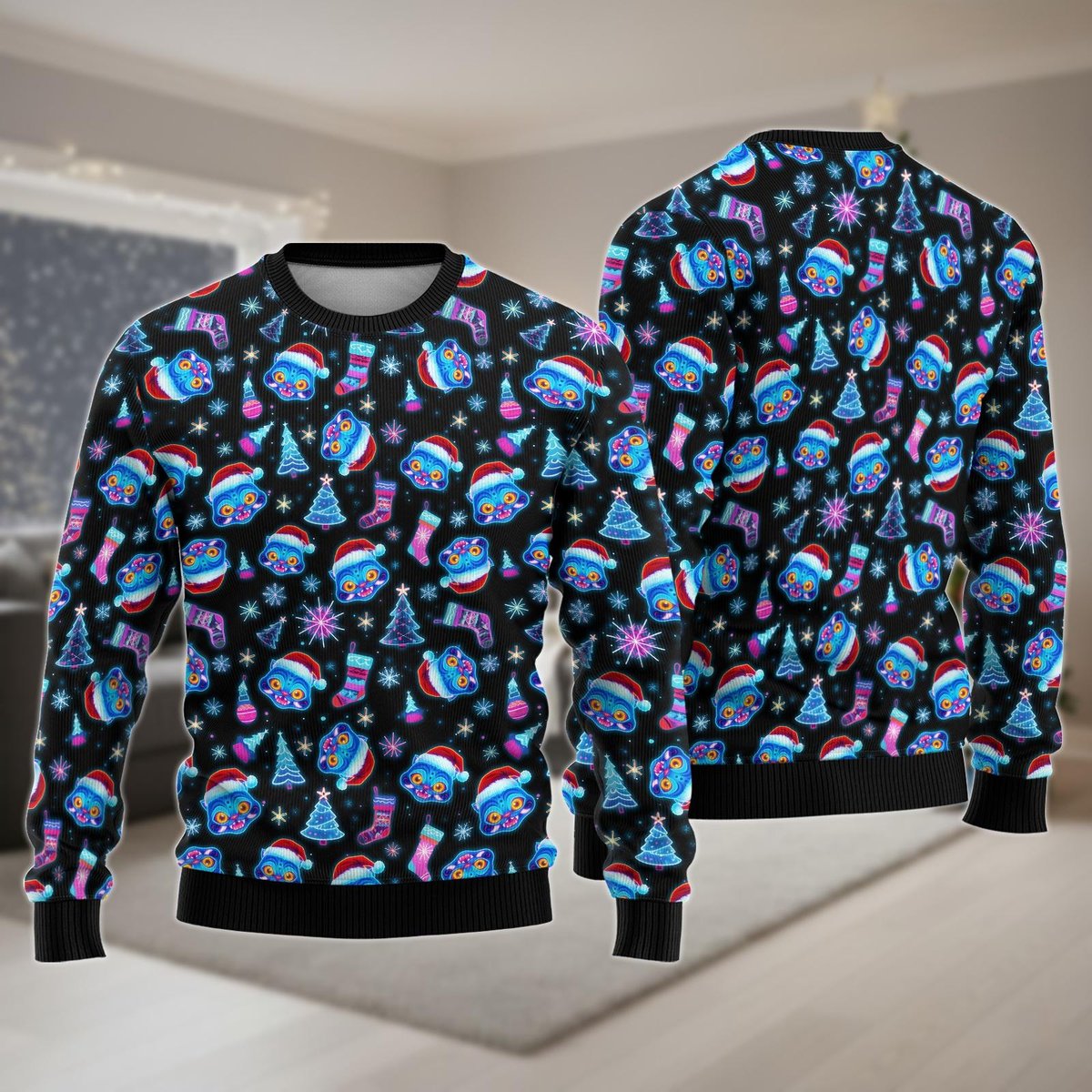 Derp Tiger Christmas Ugly Sweater Black Neon Funny Cat Holiday Knit Jumper