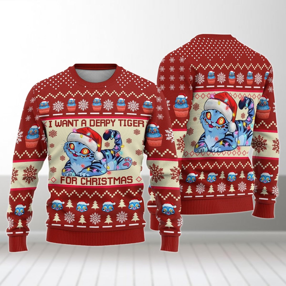 Derpy Tiger Ugly Sweater Funny Cute Cat Lovers I Want For Christmas Gift