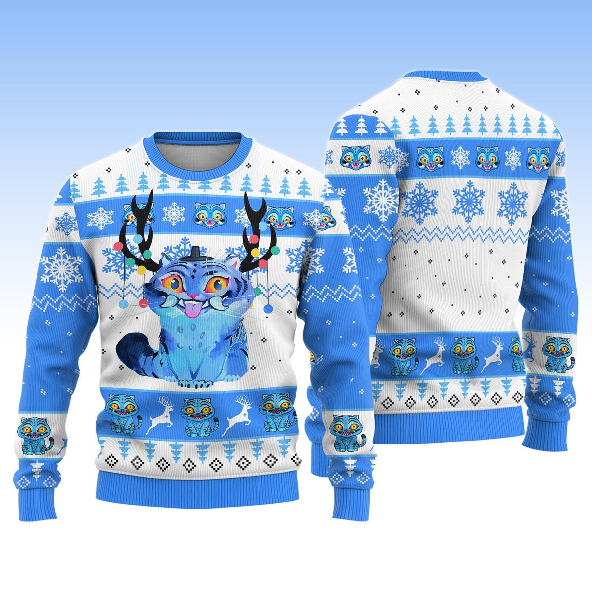 Christmas Derpy Tiger Funny Blue Ugly Sweater Cartoon Cat Reindeer Jumper