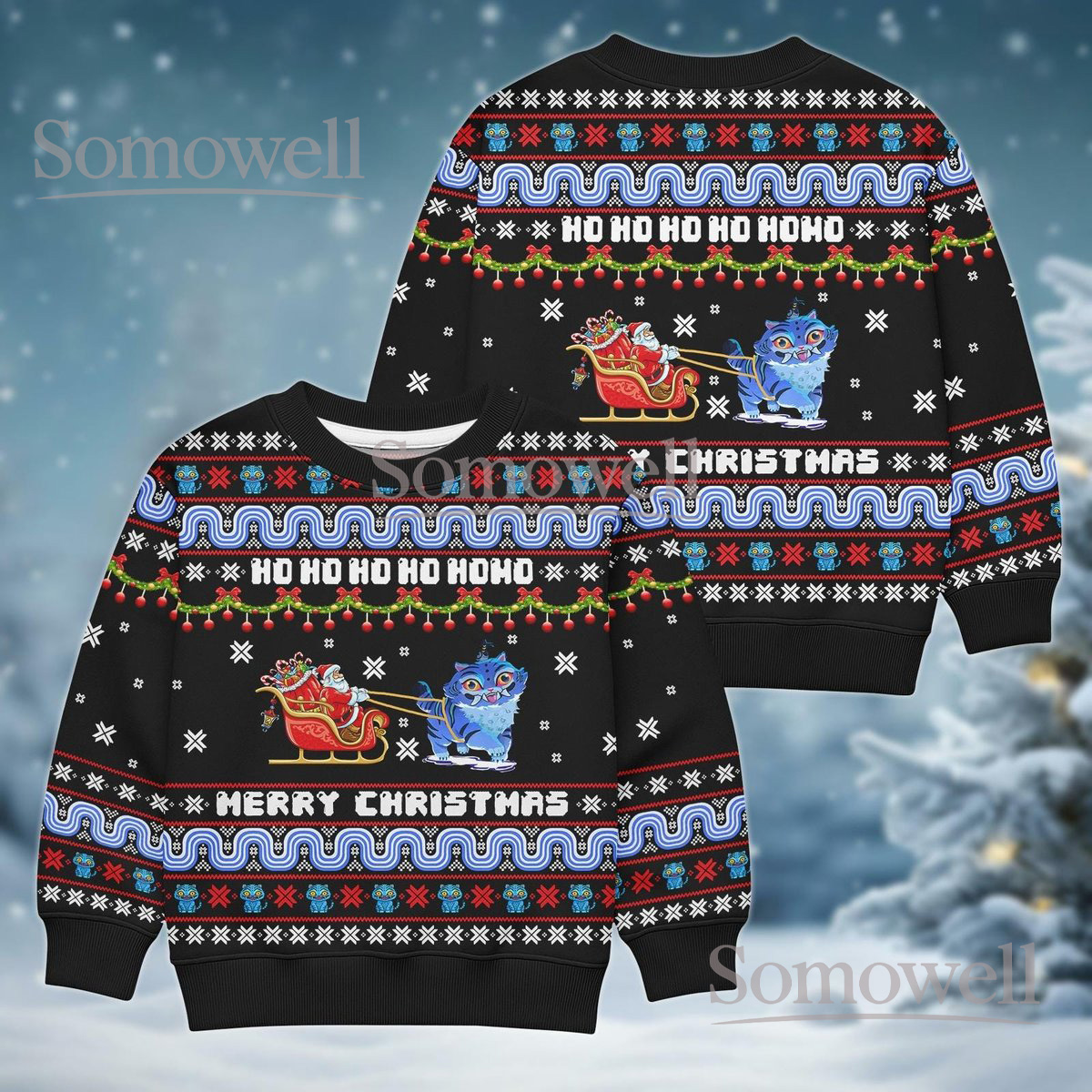 Derpy Tiger With Santa Sleigh Ugly Christmas Sweater Funny Holiday Gift