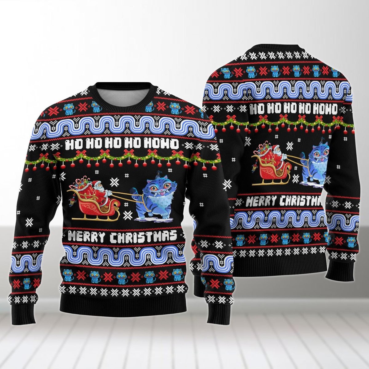 Derpy Tiger With Santa Sleigh Ugly Sweater Funny Cat Lovers Christmas Gift