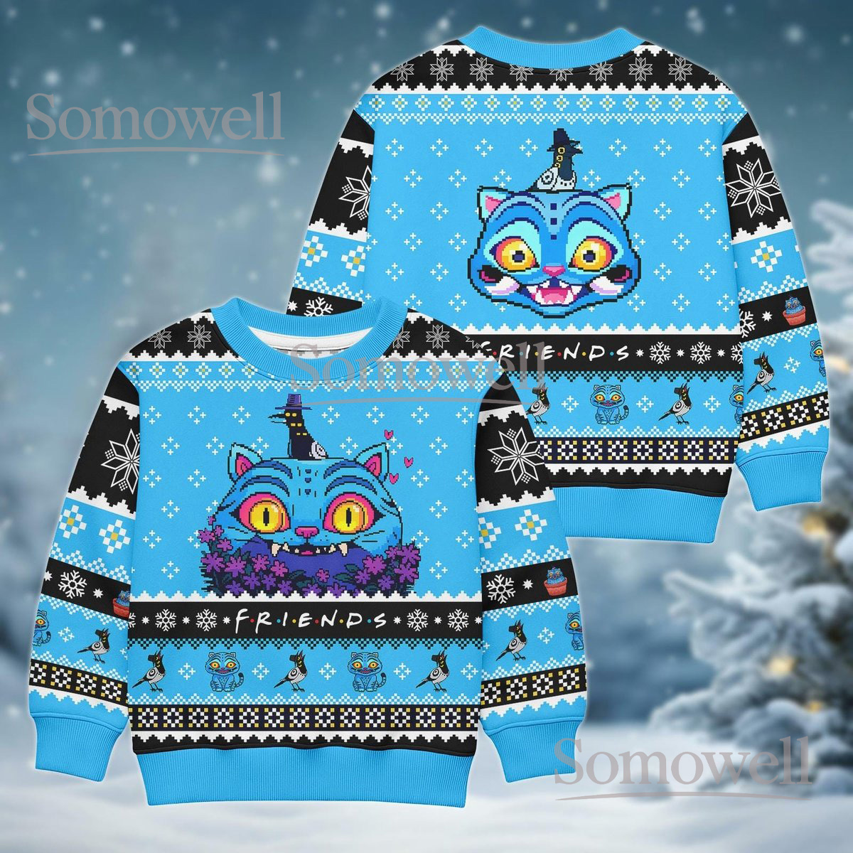 Derpy Tiger With Bird Friends Ugly Christmas Sweater Cute Blue Cat Holiday Gift