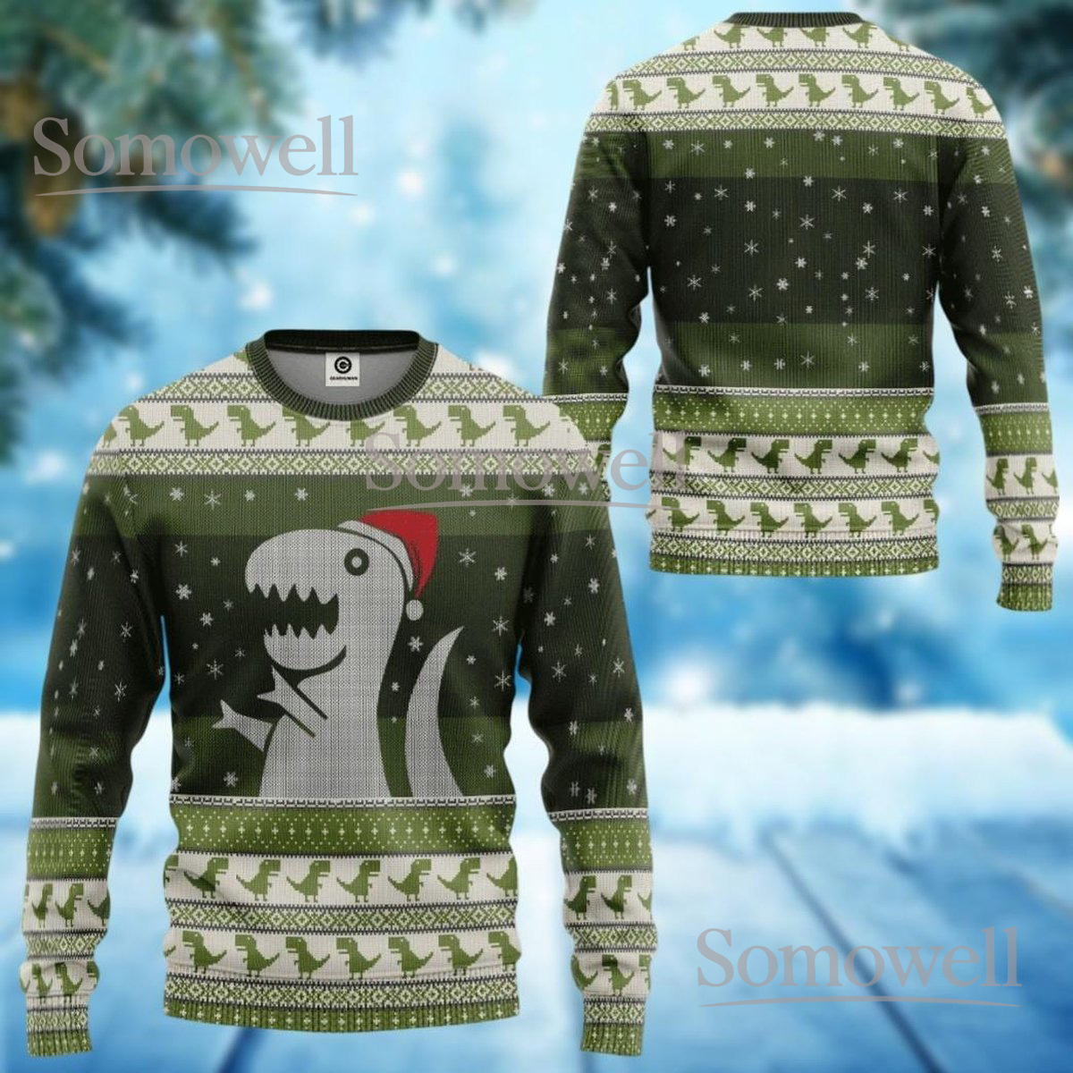 Dinosaur Christmas Green Ugly Sweater T-Rex Santa Funny Holiday Knit Jumper