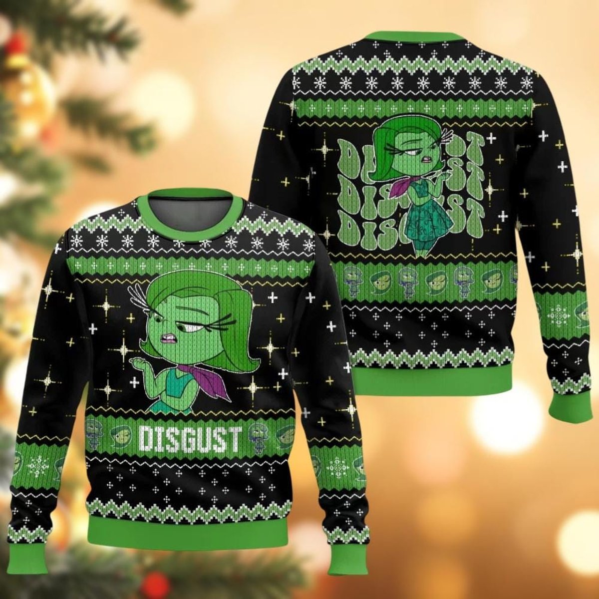 Disgust Inside Out Black Green Ugly Christmas Sweater Funny Pixar Holiday Knit Jumper