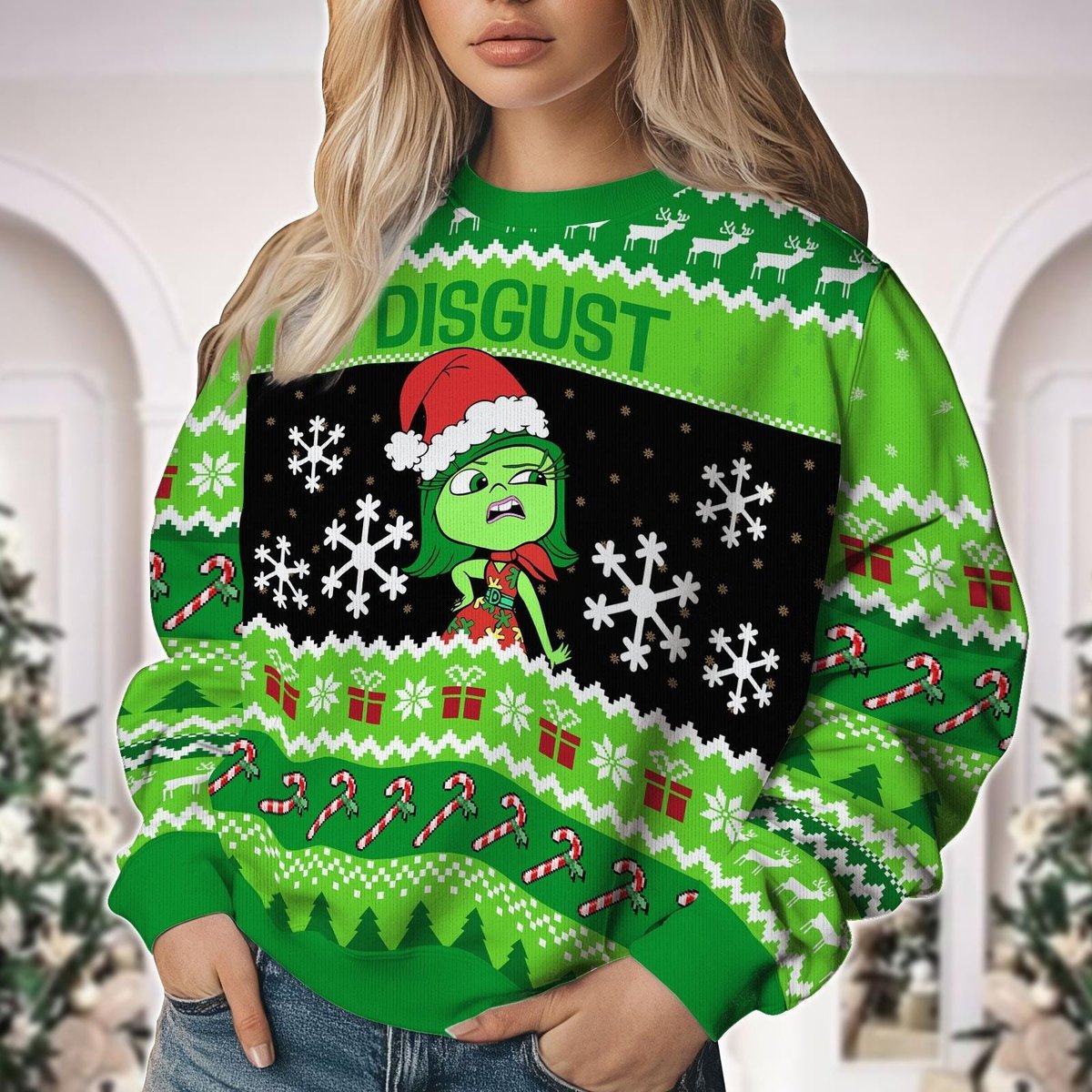 Disgust Green Christmas Ugly Sweater Inside Out Holiday Candy Cane Knit Jumper
