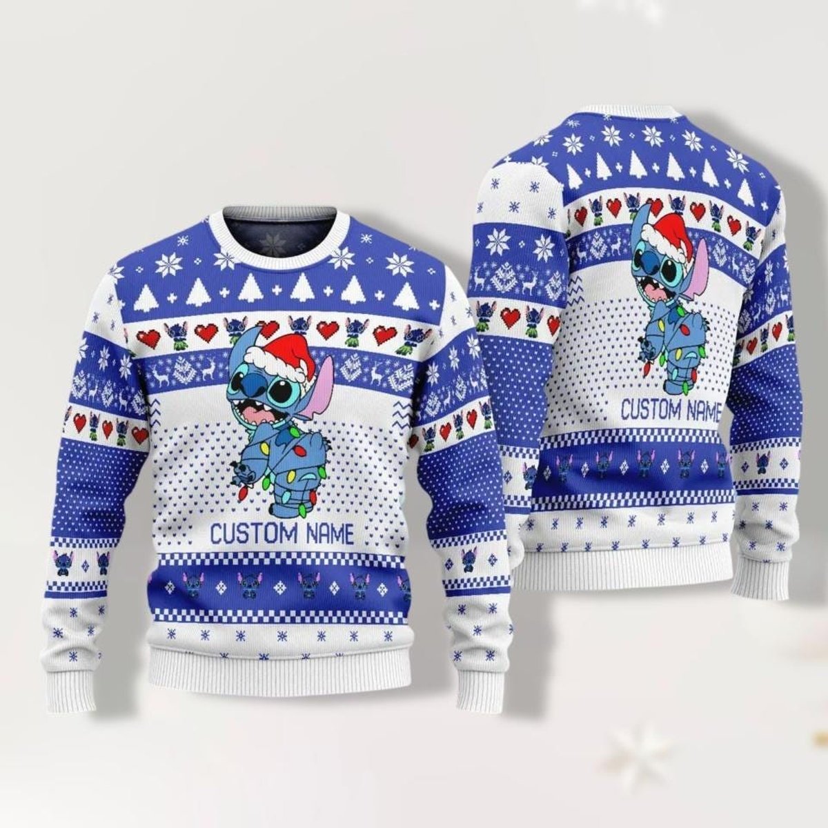 Disney Stitch Christmas Custom Name Ugly Sweater Blue White Cute Jumper